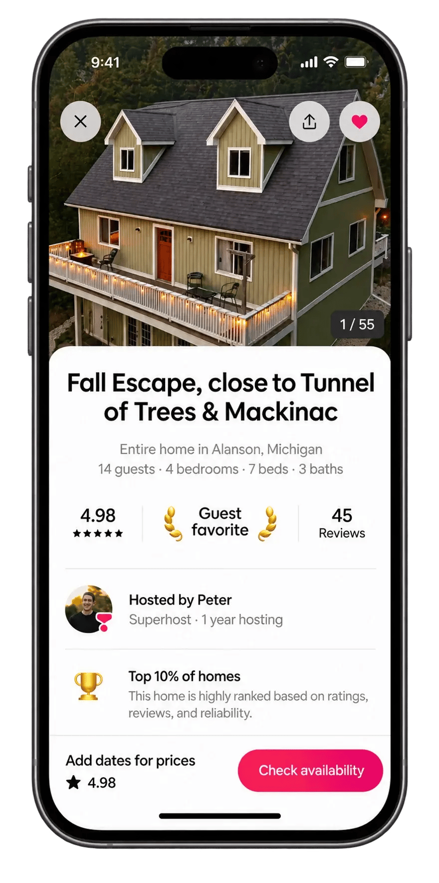 Airbnb listing for a home M&P operates in Alanson, Michigan: rated 4.98, Guest favorite, hosted by a Superhost, Top 10% of homes
