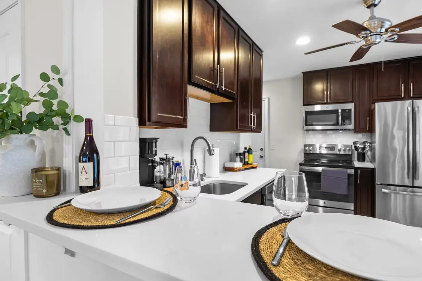 Guest-ready kitchen in a short-term rental, set for arrival