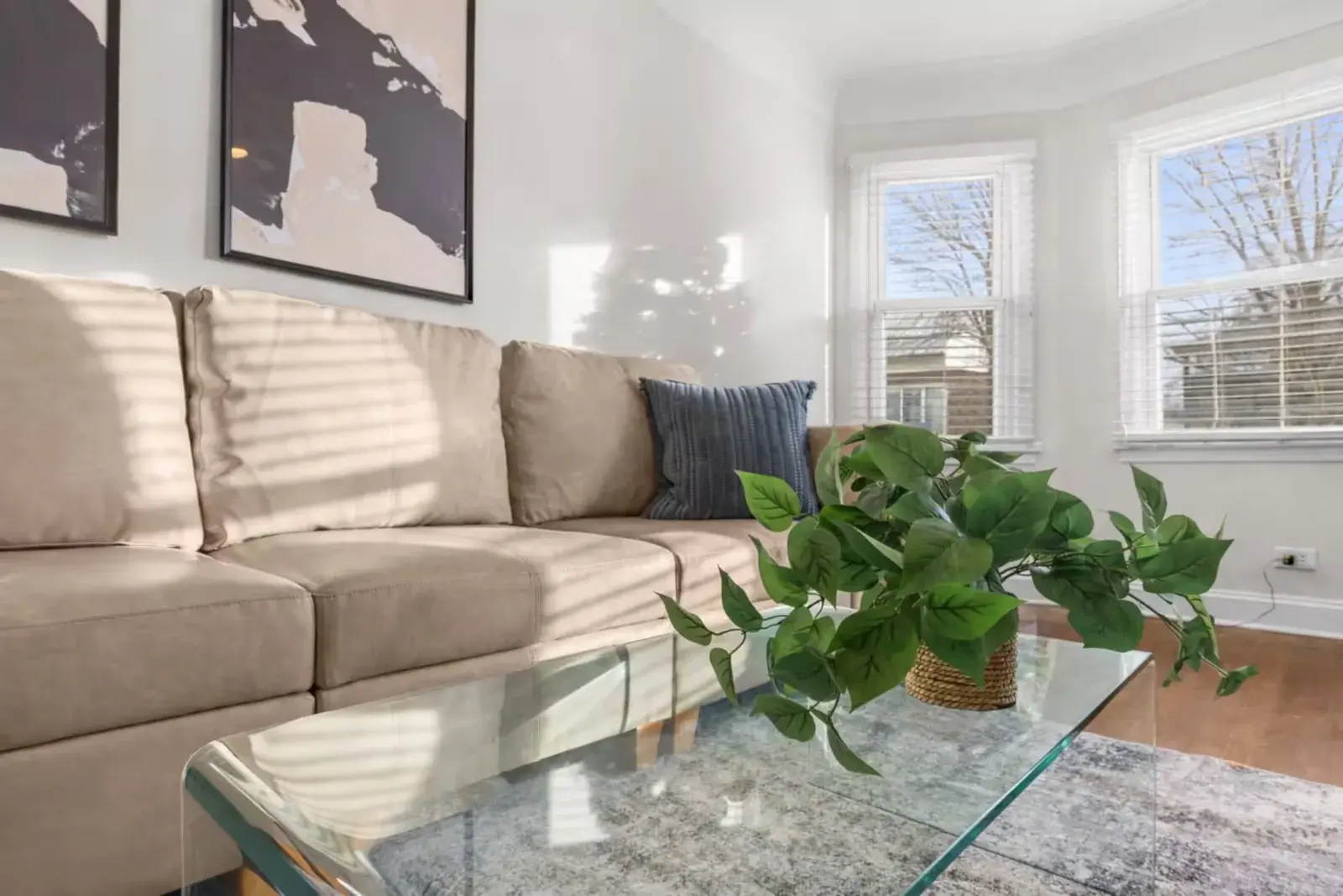 Sunlit living room in a Metro Detroit long-term rental